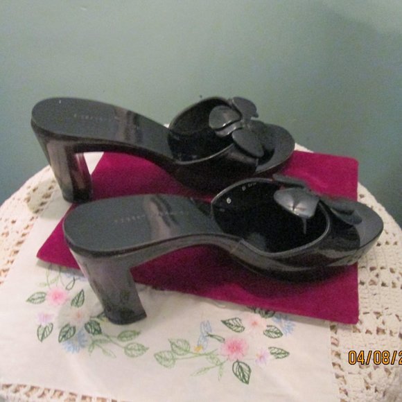 Robert Clergerie Black Patent Leather Floral High Mule Sandals 6 - Picture 6 of 10